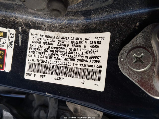 Продаж на аукціоні авто 2008 Honda Civic Lx, vin: 1HGFA16508L064485, номер лоту: 46349833