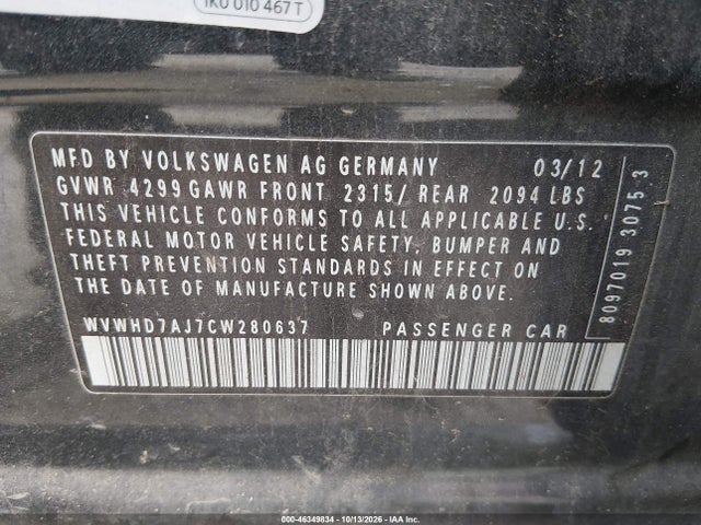 46349834 :رقم المزاد ، WVWHD7AJ7CW280637 vin ، 2012 Volkswagen Gti 4-door Autobahn مزاد بيع