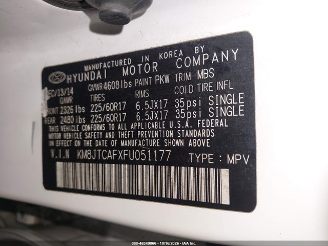 Aukcja sprzedaży 2015 Hyundai Tucson Gls, vin: KM8JTCAFXFU051177, numer aukcji: 46349866