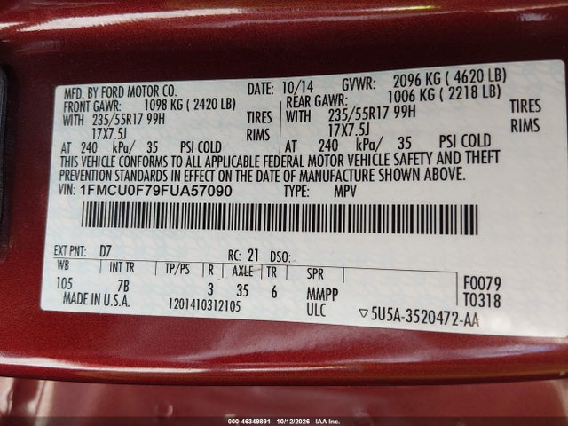 2015 Ford Escape S მანქანა იყიდება აუქციონზე, vin: 1FMCU0F79FUA57090, აუქციონის ნომერი: 46349891
