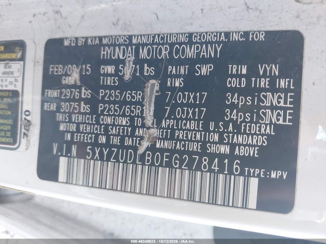 2015 Hyundai Santa Fe Sport 2.4l მანქანა იყიდება აუქციონზე, vin: 5XYZUDLB0FG278416, აუქციონის ნომერი: 46349923