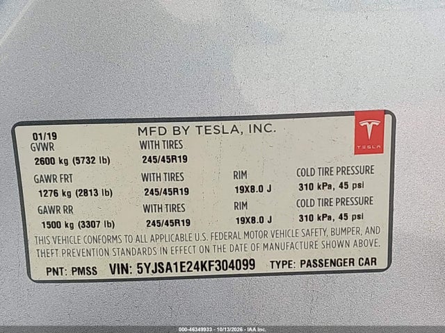 46349933 :رقم المزاد ، 5YJSA1E24KF304099 vin ، 2019 Tesla Model S 100d/75d/long Range/standard Range مزاد بيع