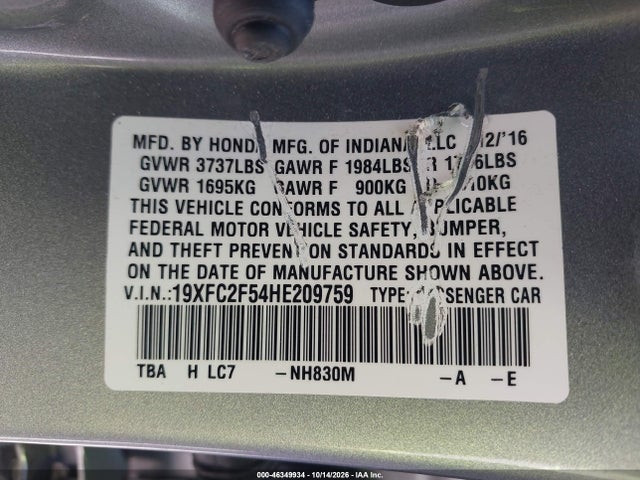 Aukcja sprzedaży 2017 Honda Civic Lx, vin: 19XFC2F54HE209759, numer aukcji: 46349934
