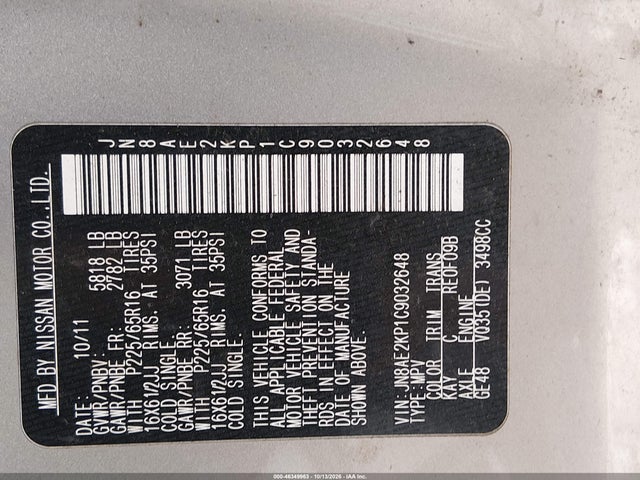 46349963 :رقم المزاد ، JN8AE2KP1C9032648 vin ، 2012 Nissan Quest S مزاد بيع