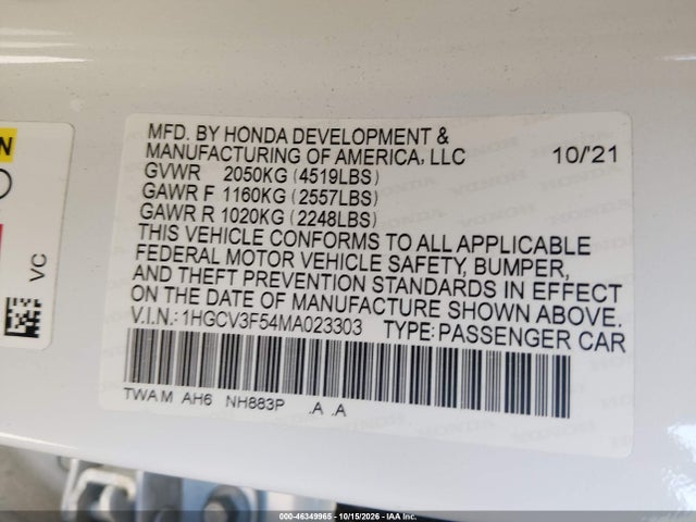 Продаж на аукціоні авто 2021 Honda Accord Hybrid Ex-l, vin: 1HGCV3F54MA023303, номер лоту: 46349965