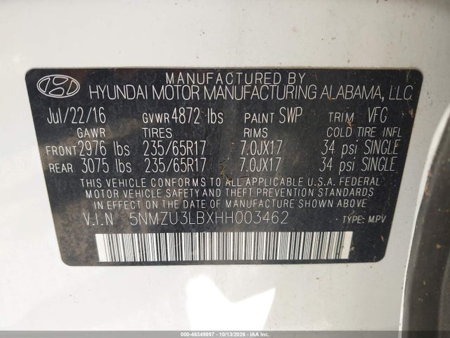 46349997 :رقم المزاد ، 5NMZU3LBXHH003462 vin ، 2017 Hyundai Santa Fe Sport 2.4l مزاد بيع