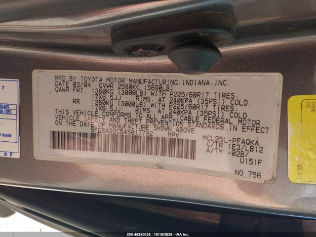 46350026 :رقم المزاد ، 5TDBA22C54S017792 vin ، 2004 Toyota Sienna Xle Limited مزاد بيع