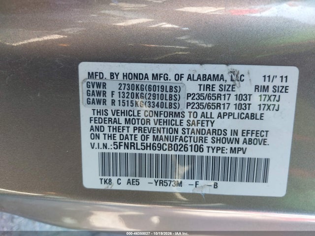 Продажа на аукционе авто 2012 Honda Odyssey Ex-l, vin: 5FNRL5H69CB026106, номер лота: 46350027