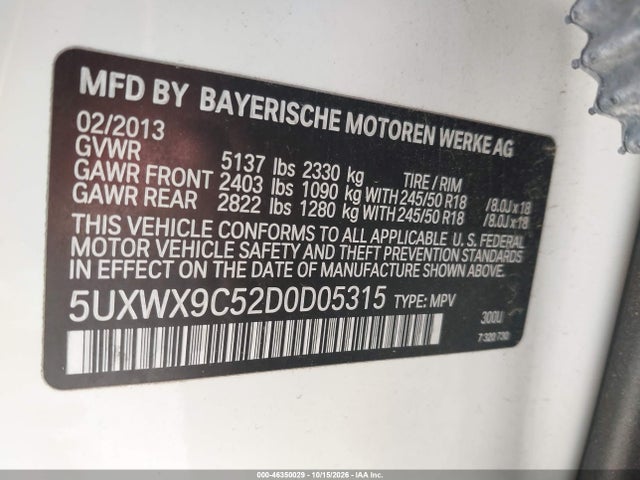 Продаж на аукціоні авто 2013 Bmw X3 Xdrive28i, vin: 5UXWX9C52D0D05315, номер лоту: 46350029