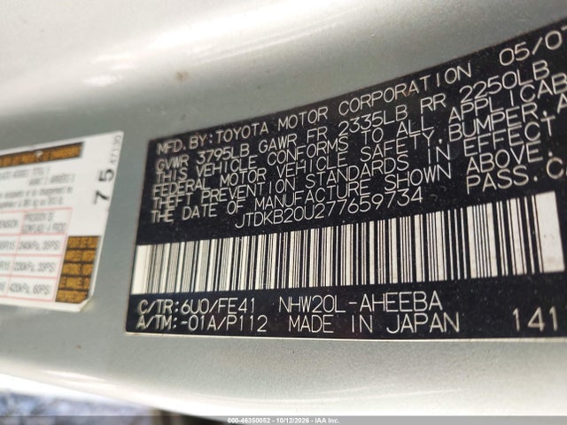 46350052 :رقم المزاد ، JTDKB20U277659734 vin ، 2007 Toyota Prius مزاد بيع