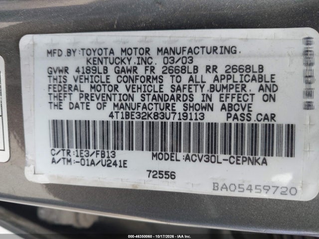 Продаж на аукціоні авто 2003 Toyota Camry Le, vin: 4T1BE32K83U719113, номер лоту: 46350060