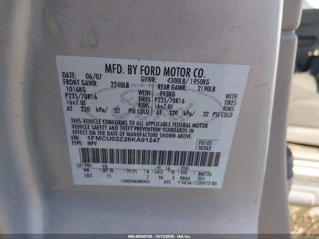 46350108 :رقم المزاد ، 1FMCU02Z28KA91247 vin ، 2008 Ford Escape Xls/xls Manual مزاد بيع
