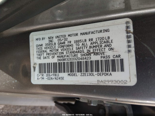 46350110 :رقم المزاد ، 1NXBR32E03Z048423 vin ، 2003 Toyota Corolla Ce مزاد بيع