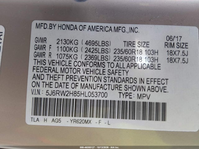 Продаж на аукціоні авто 2017 Honda Cr-v Ex-l/ex-l Navi, vin: 5J6RW2H85HL053700, номер лоту: 46350127