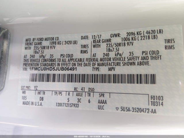 Продажа на аукционе авто 2018 Ford Escape Sel, vin: 1FMCU0HD5JUB06491, номер лота: 46350168