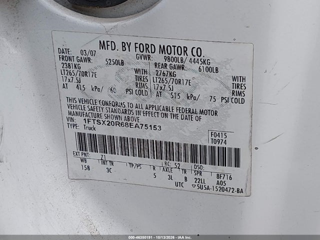Продажа на аукционе авто 2008 Ford F-250 Lariat/xl/xlt, vin: 1FTSX20R68EA75153, номер лота: 46350191