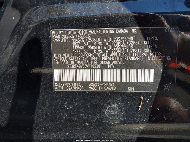 Aukcja sprzedaży 2011 Toyota Rav4 Sport, vin: 2T3RF4DV5BW118238, numer aukcji: 46350194