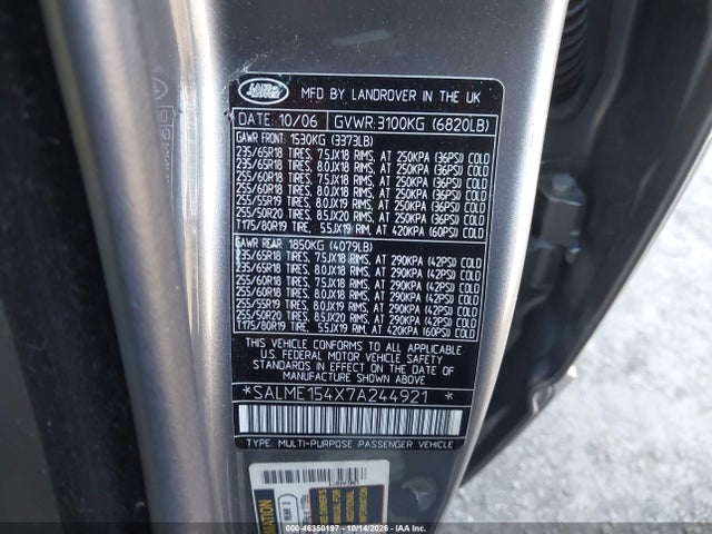 2007 Land Rover Range Rover Hse მანქანა იყიდება აუქციონზე, vin: SALME154X7A244921, აუქციონის ნომერი: 46350197