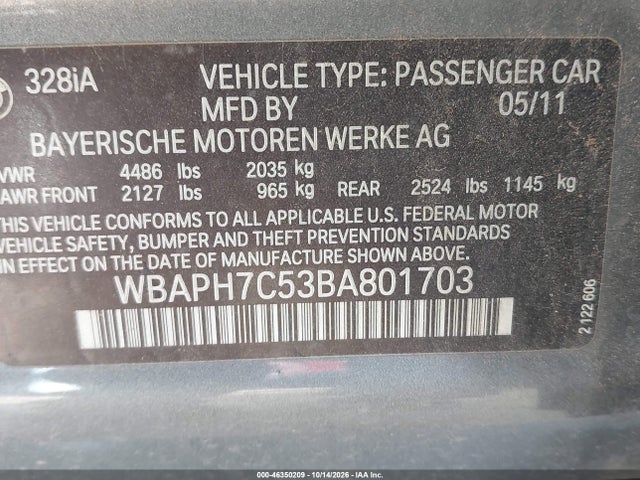 Продажа на аукционе авто 2011 Bmw 328i, vin: WBAPH7C53BA801703, номер лота: 46350209
