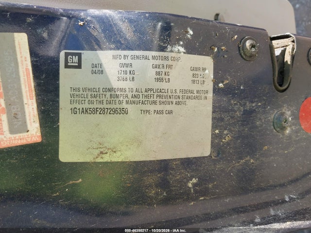 2008 Chevrolet Cobalt Ls მანქანა იყიდება აუქციონზე, vin: 1G1AK58F287296350, აუქციონის ნომერი: 46350217