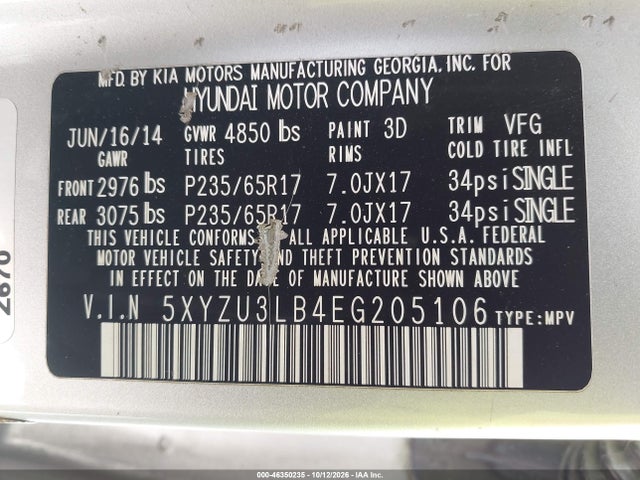 5XYZU3LB4EG205106 Hyundai Santa Fe Sport 2.4l