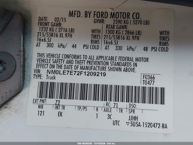 2015 Ford Transit Connect Xl მანქანა იყიდება აუქციონზე, vin: NM0LE7E72F1209219, აუქციონის ნომერი: 46350358