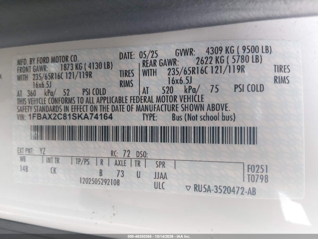 46350365 :رقم المزاد ، 1FBAX2C81SKA74164 vin ، 2025 Ford Transit-350 Passenger Van Xlt مزاد بيع