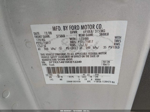 Auction sale of the 2009 Ford F-150 Xlt, vin: 1FTRX14819KB12249, lot number: 46350381