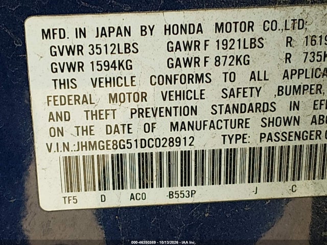 Aukcja sprzedaży 2013 Honda Fit Sport, vin: JHMGE8G51DC028912, numer aukcji: 46350389
