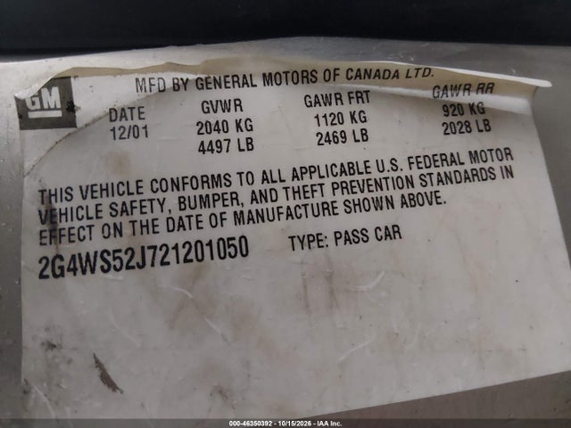 46350392 :رقم المزاد ، 2G4WS52J721201050 vin ، 2002 Buick Century Custom مزاد بيع