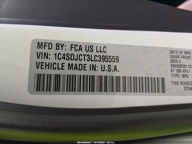 2020 Dodge Durango R/t Awd მანქანა იყიდება აუქციონზე, vin: 1C4SDJCT3LC395559, აუქციონის ნომერი: 46350421