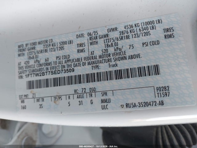 Auction sale of the 2025 Ford F-250 Xlt, vin: 1FT7W2BT7SED73509, lot number: 46350427