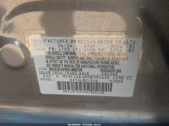 Продаж на аукціоні авто 2016 Nissan Versa 1.6 S/1.6 S+/1.6 Sl/1.6 Sv, vin: 3N1CN7AP0GL905728, номер лоту: 46350440
