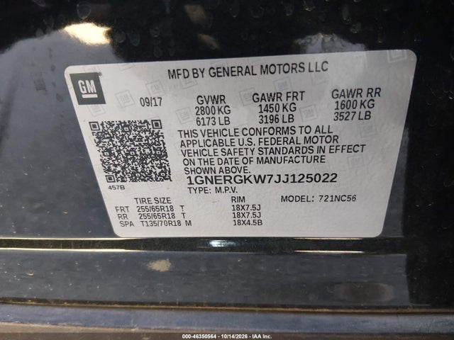 2018 Chevrolet Traverse 1lt მანქანა იყიდება აუქციონზე, vin: 1GNERGKW7JJ125022, აუქციონის ნომერი: 46350564