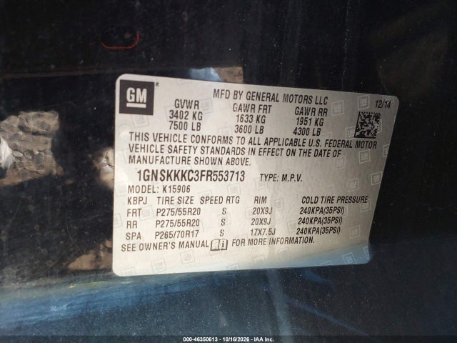 2015 Chevrolet Suburban 1500 Ltz მანქანა იყიდება აუქციონზე, vin: 1GNSKKKC3FR553713, აუქციონის ნომერი: 46350613