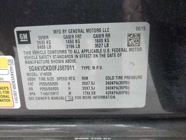 Buick Enclave Premium 2015 5GAKVCKD0FJ387911 Image 9