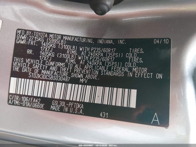 46350667 :رقم المزاد ، 5TDZK3DC5BS030487 vin ، 2011 Toyota Sienna Base V6 مزاد بيع