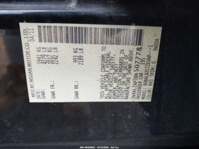 2011 Nissan Altima 2.5 S მანქანა იყიდება აუქციონზე, vin: 1N4AL2AP3BN507778, აუქციონის ნომერი: 46350682