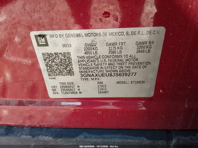 Aukcja sprzedaży 2018 Chevrolet Equinox Lt, vin: 3GNAXUEU8JS639277, numer aukcji: 46350686
