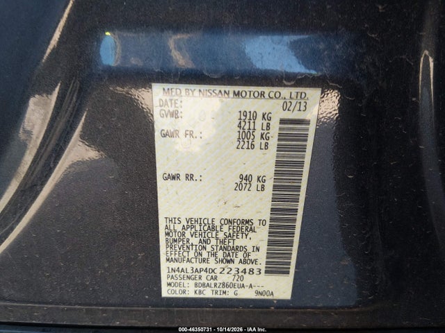 Aukcja sprzedaży 2013 Nissan Altima 2.5 S, vin: 1N4AL3AP4DC223483, numer aukcji: 46350731