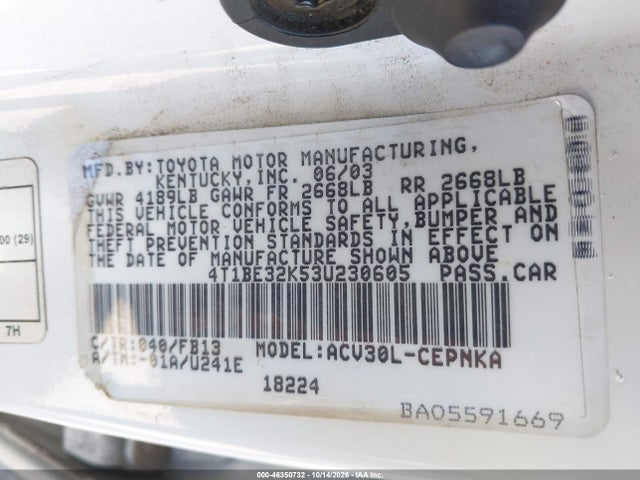 Aukcja sprzedaży 2003 Toyota Camry Le, vin: 4T1BE32K53U230605, numer aukcji: 46350732