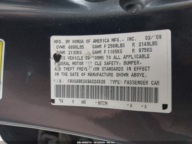 2009 Acura Tl 3.5 მანქანა იყიდება აუქციონზე, vin: 19UUA86249A024526, აუქციონის ნომერი: 46350775