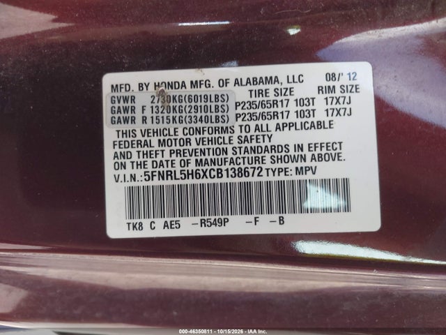 46350811 :رقم المزاد ، 5FNRL5H6XCB138672 vin ، 2012 Honda Odyssey Ex-l مزاد بيع