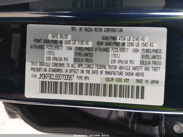 46350816 :رقم المزاد ، JM3KFBCL6S0700687 vin ، 2025 Mazda Cx-5 2.5 S Preferred مزاد بيع