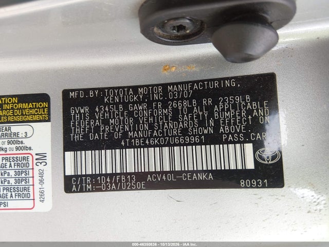2007 Toyota Camry Le მანქანა იყიდება აუქციონზე, vin: 4T1BE46K07U669961, აუქციონის ნომერი: 46350836