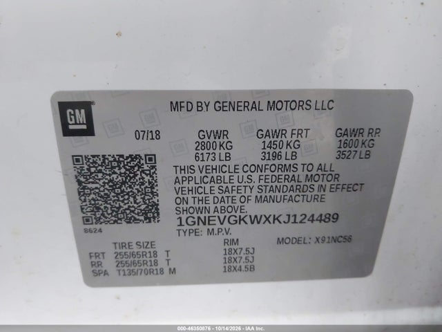 Aukcja sprzedaży 2019 Chevrolet Traverse 1lt, vin: 1GNEVGKWXKJ124489, numer aukcji: 46350876