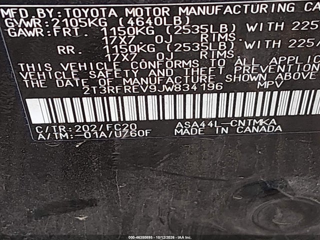46350895 :رقم المزاد ، 2T3RFREV9JW834196 vin ، 2018 Toyota Rav4 Xle مزاد بيع