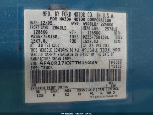 Aukcja sprzedaży 1996 Mazda B4000 Cab Plus, vin: 4F4CR17XXTTM14229, numer aukcji: 46350915