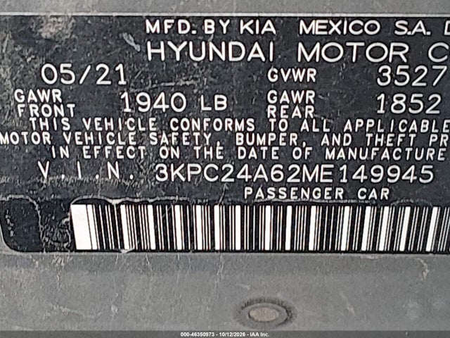Продажа на аукционе авто 2021 Hyundai Accent Se, vin: 3KPC24A62ME149945, номер лота: 46350973