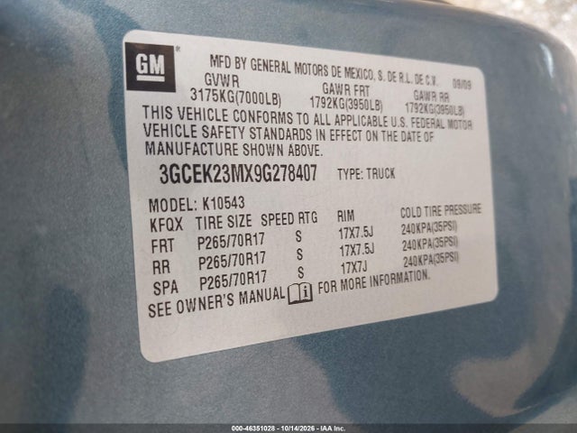 Aukcja sprzedaży 2009 Chevrolet Silverado 1500 Lt, vin: 3GCEK23MX9G278407, numer aukcji: 46351028